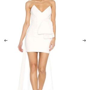 Katie May Eden Rock Strapless White High-Low Mini Dress with train detail.